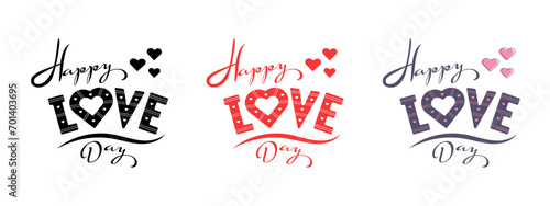 Happy Love Day. Black, red and colored hand lettering and calligraphy with cute hearts isolated on white background. Valentine's day template or background for love and valentine's day concept. photo