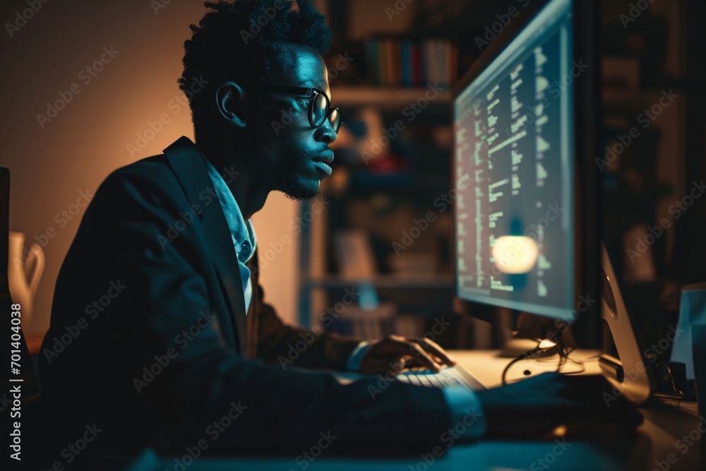 A man wearing glasses and a suit working on a computer Generative AI A man wearing glasses and a suit working on a computer Generative AI