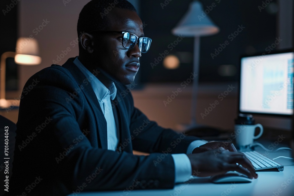 A man wearing glasses and a suit working on a computer Generative AI A man wearing glasses and a suit working on a computer Generative AI