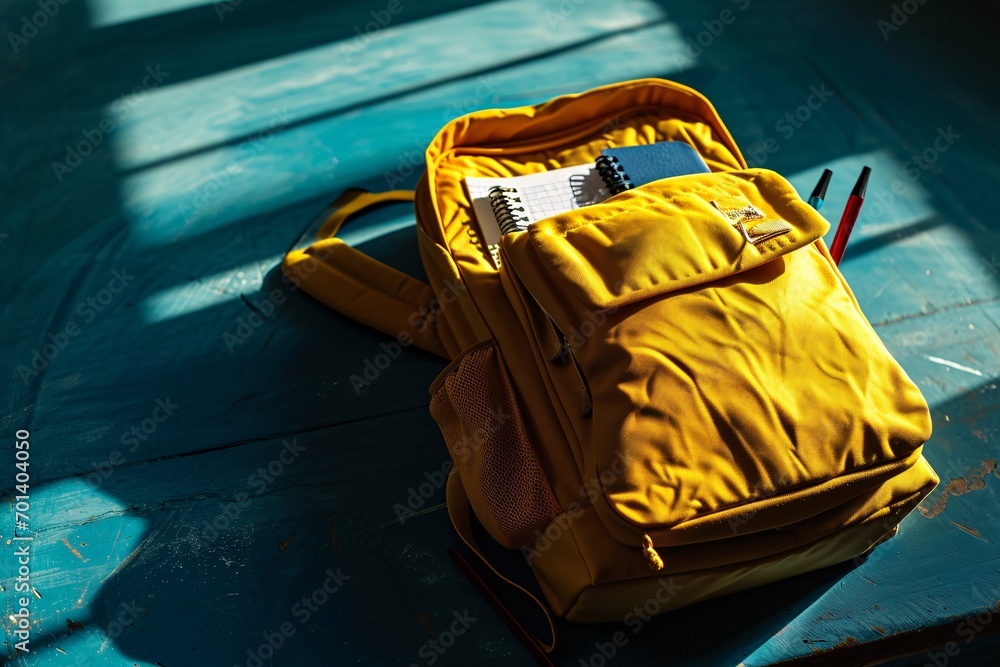 Naklejka premium Yellow Backpack with Paper and Pen Generative AI