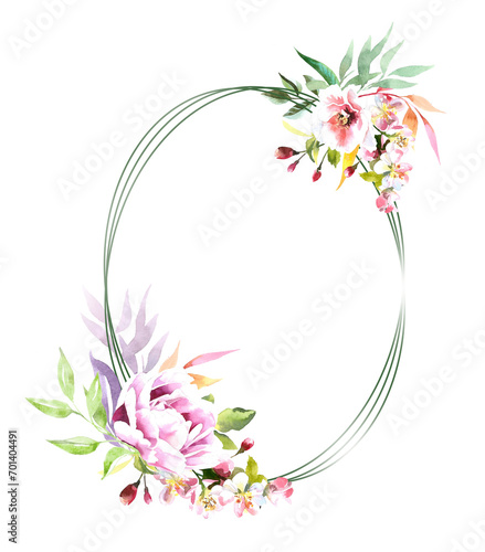 Beautiful apple blossom flowers frame illustration.Hello spring concept design with copy space. Easter blooming flower. Pink cherry blossom artwork with place for text. photo