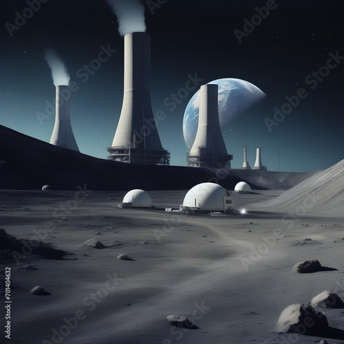 An AI generated unrealistic picture of a nuclear power plant which is being operated on the moon and the earth is in the background