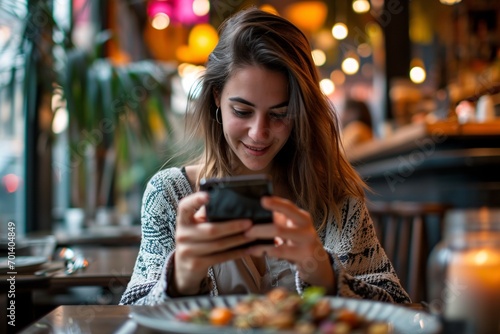 Young Woman Smiling and Texting on Her Phone in a Restaurant Generative AI photo