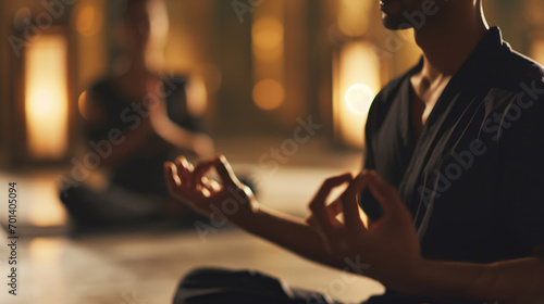 Man in the foreground practicing meditation with a focused and peaceful expression