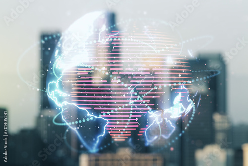 Double exposure of abstract digital world map hologram with connections on blurry office buildings background, big data and blockchain concept