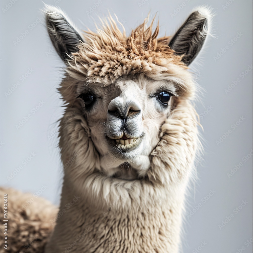 A close-up of a cute, fluffy, and wet-haired llama with a smile on its face Generative AI