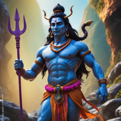 Ultra-realistic 8K render of Shiva with a trident in Fauvist colors - a virtual human creation Gen AI photo