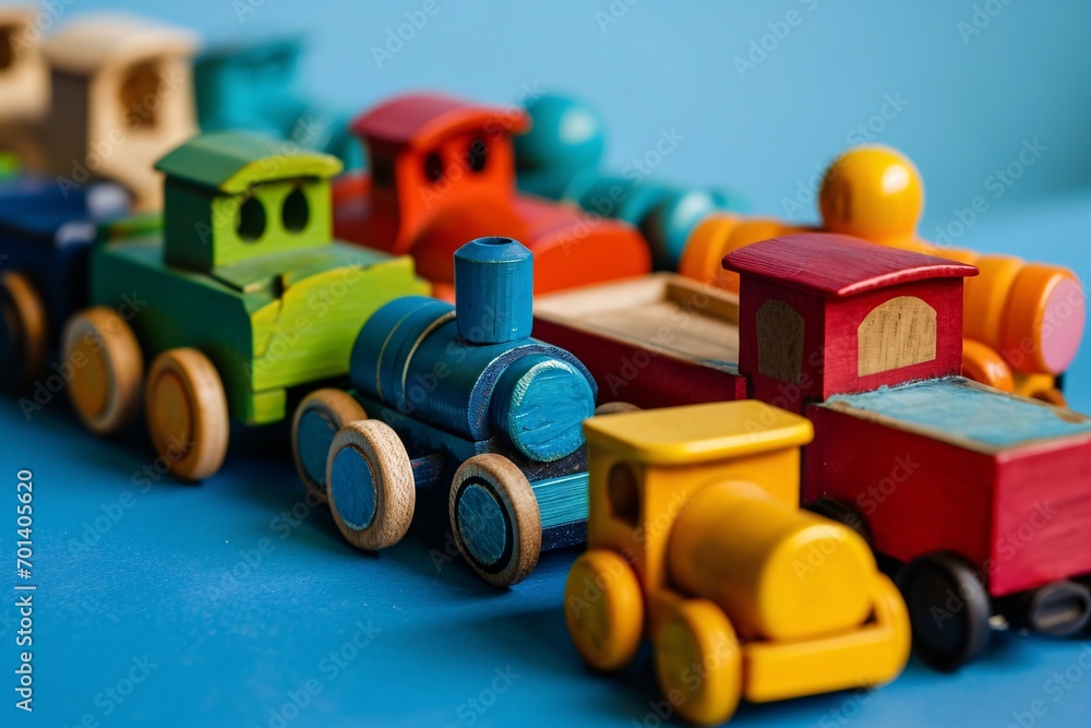 A variety of colorful wooden train cars Generative AI A variety of colorful wooden train cars Generative AI