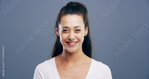 Teacher, portrait or laughing on studio background at joke, comedy or funny facial expression on gray mock up space. Happy woman, smile or preschool professional tutor on backdrop in Canada about us photo