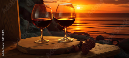 wine barrel and grapes on a wooden table at sunset
