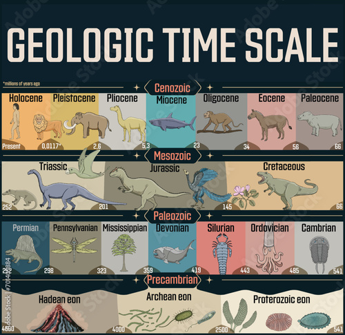 Geologic time scale colorful poster.  From Precambrian to Holocene, animal evolution.