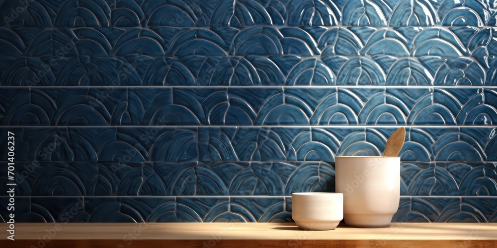 Geometric featuring an intricate  tile wall edging pattern. It draws inspiration from glazed surfaces and boasts a rustic texture, with a color palette ranging from light yellow to dark blue. - obrazy, fototapety, plakaty 