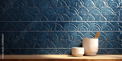 Geometric featuring an intricate  tile wall edging pattern. It draws inspiration from glazed surfaces and boasts a rustic texture, with a color palette ranging from light yellow to dark blue. photo