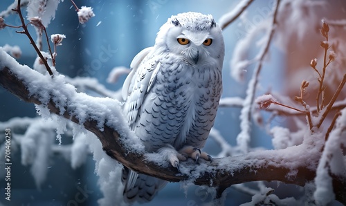 Snowy owl sitting on a tree branch in the snowy forest. © PixStudio