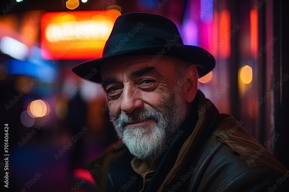 Portrait of an old man with hat in the city at night