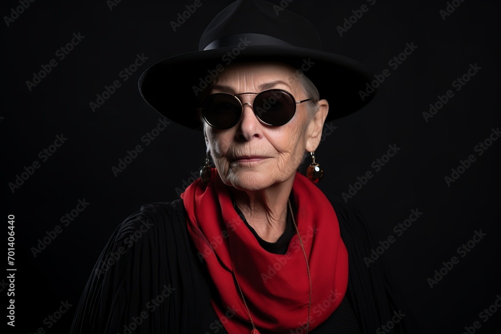 Portrait of an old woman in black hat and sunglasses on black background Portrait of an old woman in black hat and sunglasses on black background