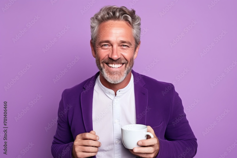 Portrait of a happy mature man holding cup of coffee and looking at camera while standing against purple background Portrait of a happy mature man holding cup of coffee and looking at camera while standing against purple background
