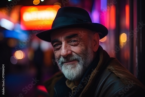 Portrait of an old man with hat in the city at night