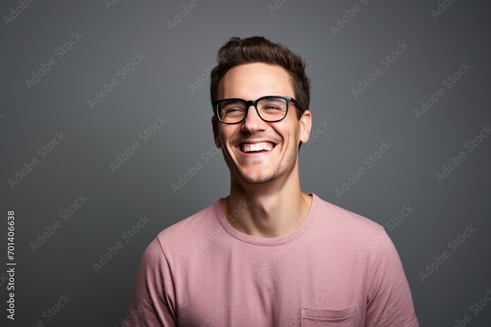 Portrait of a smiling young man in eyeglasses on grey background Portrait of a smiling young man in eyeglasses on grey background