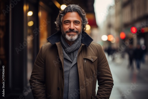 Portrait of a handsome mature man in a coat and scarf walking in the city.