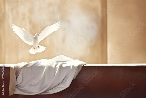 Resurrection Of Jesus Christ Concept. White Bird, Shroud And Crucifixion At Sunrise