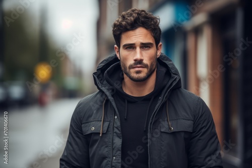 Portrait of a handsome young man in a black jacket on the street