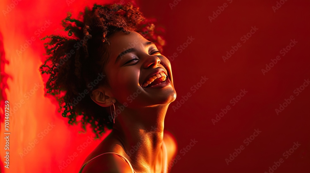 A model laughing heartily, with her head tilted back slightly, showcasing genuine joy against a vibrant red background