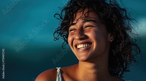 A relaxed shot where the model is captured mid-laugh, giving a carefree vibe against a calming deep blue background