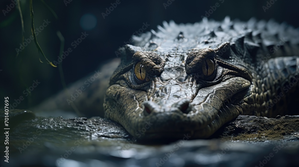 Close-up of an angry crocodile's face. A toothy alligator in monochrome style. Animal in the habitat. Illustration for cover, card, postcard, interior design, banner, poster, brochure or presentation.