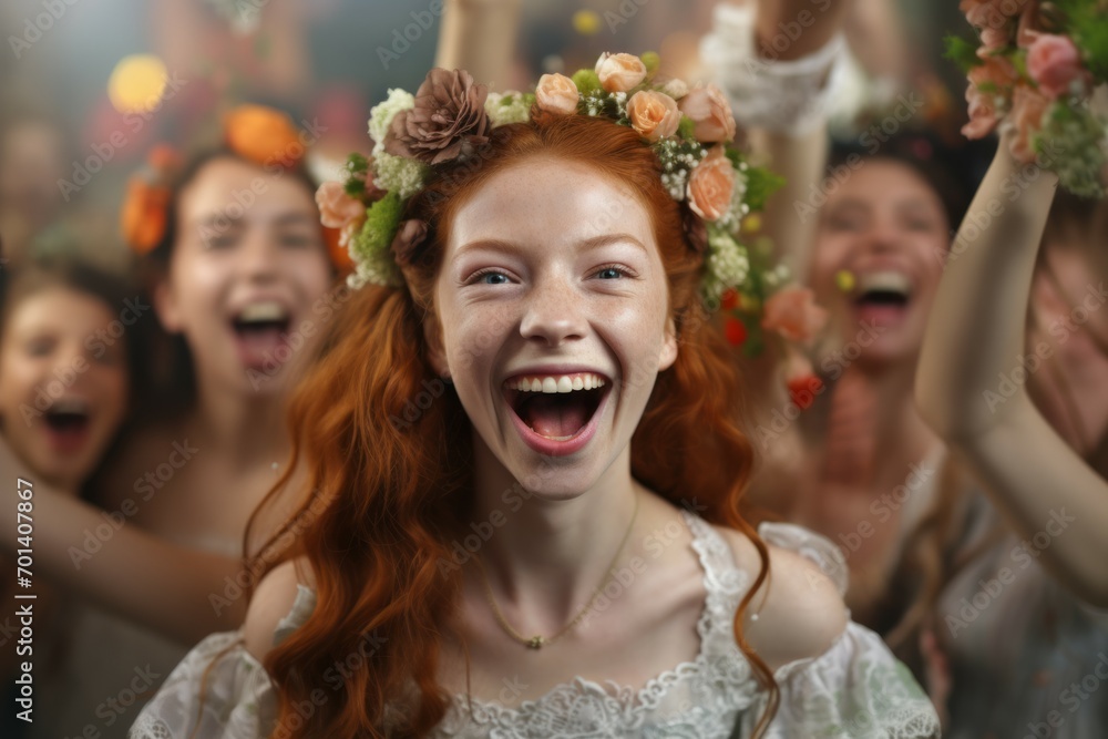young red-haired girl celebrating her birthday, with a crown of flowers on her head young red-haired girl celebrating her birthday, with a crown of flowers on her head