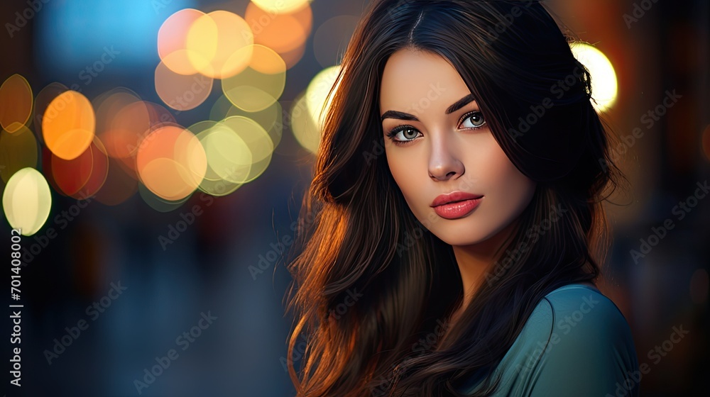 Beautiful female face with powerful silky hair and chic hairstyle. Perfect image of a beautiful brunette woman. Feminine image of natural beauty. Illustration for beauty and fashion magazine. Beautiful female face with powerful silky hair and chic hairstyle. Perfect image of a beautiful brunette woman. Feminine image of natural beauty. Illustration for beauty and fashion magazine.