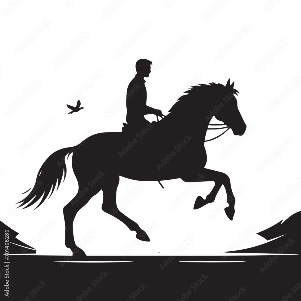 Ebon Equine Adventure: Silhouetted Rider and Steed in the Nocturnal Symphony - Man riding horse stock vector - Black vector horse riding Silhouette
Ebon Equine Adventure: Silhouetted Rider and Steed in the Nocturnal Symphony - Man riding horse stock vector - Black vector horse riding Silhouette