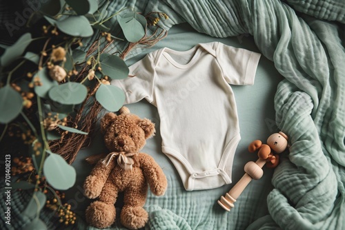 A baby's white onesie with a teddy bear and a wooden toy. Generative AI photo