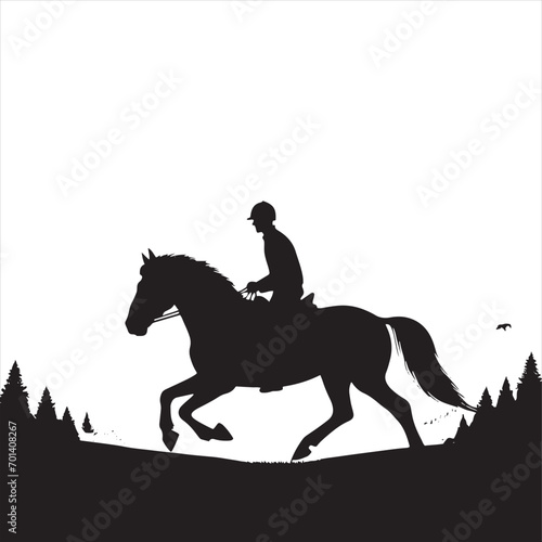 Starry Night Canter: Silhouette of Horse and Rider in Celestial Serenity - Man riding horse stock vector - Black vector horse riding Silhouette
