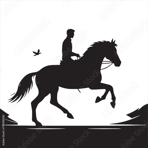Ebon Equine Adventure: Silhouetted Rider and Steed in the Nocturnal Symphony - Man riding horse stock vector - Black vector horse riding Silhouette
