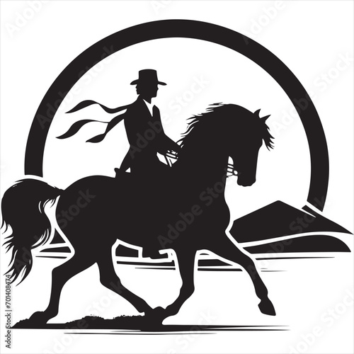 Celestial Horseback Adventure: Silhouette of Rider and Equine Companion in Night's Harmony - Man riding horse stock vector - Black vector horse riding Silhouette
