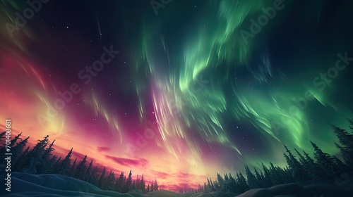 Northern Lights in the night over the winter forest. Night winter landscape with aurora and pine tree forest. The beauty of nature. Natural phenomenon. Illustration for cover, card, interior design.