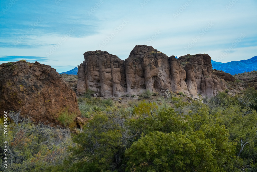 Mountain erosion formations of red mountain sandstones, desert landscape. Arizona