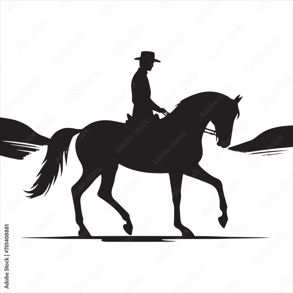 Rider's Moonlit Silhouette: Equine Majesty in Nighttime Symphony - Man riding horse stock vector - Black vector horse riding Silhouette
