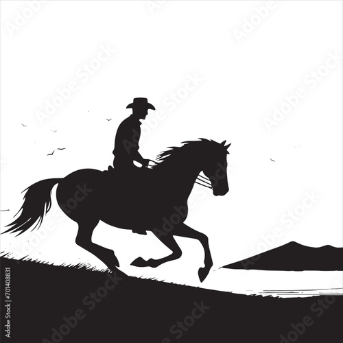 Starry Night Canter: Silhouette of Horse and Rider in Celestial Ballet - Man riding horse stock vector - Black vector horse riding Silhouette
