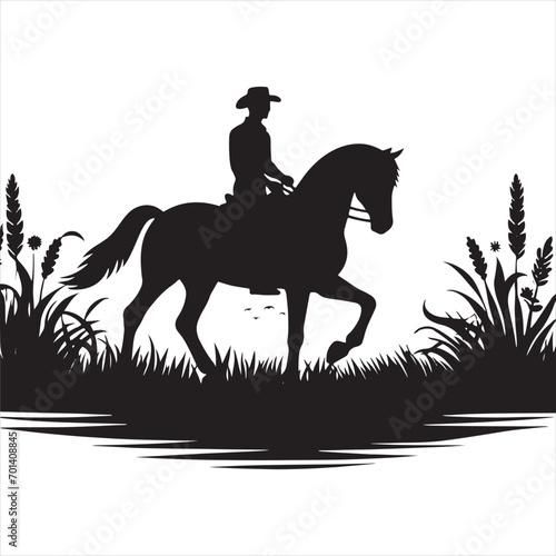 Nocturnal Equine Journey  Silhouetted Rider and Steed in Celestial Serenade - Man riding horse stock vector - Black vector horse riding Silhouette 