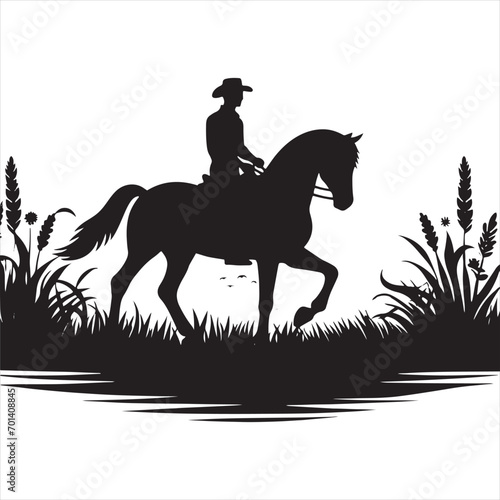 Nocturnal Equine Journey: Silhouetted Rider and Steed in Celestial Serenade - Man riding horse stock vector - Black vector horse riding Silhouette

