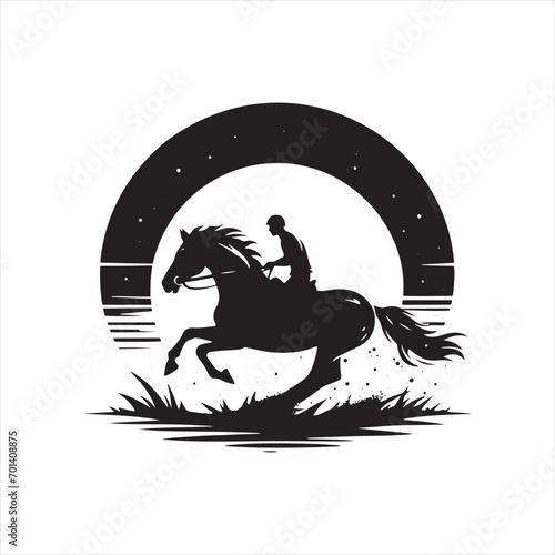 Equestrian Midnight Sonata: Silhouette of Rider and Noble Horse in Lunar Embrace - Man riding horse stock vector - Black vector horse riding Silhouette
