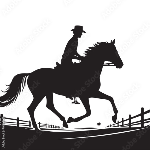 Ebon Equine Journey: Silhouetted Rider and Steed in Nocturnal Adventure - Man riding horse stock vector - Black vector horse riding Silhouette
