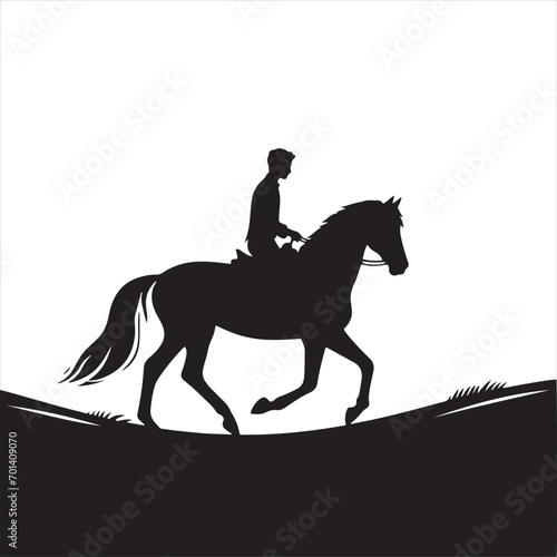 Celestial Canter: Silhouetted Rider and Horse in the Night's Enigmatic Dance - Man riding horse stock vector - Black vector horse riding Silhouette 