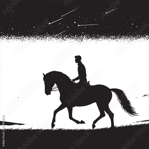 Lunar Serenade: Silhouette of Horse Riding under the Night's Celestial Canopy - Man riding horse stock vector - Black vector horse riding Silhouette
