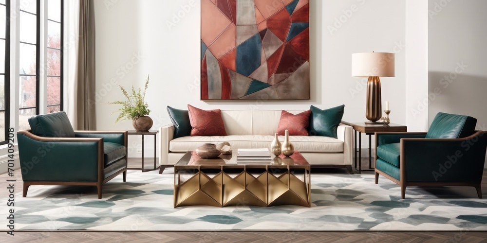 Modern geometric rug featuring an intricate wall edging pattern. - obrazy, fototapety, plakaty 