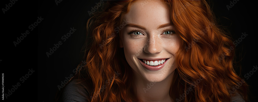 A close up portrait beautiful young woman with red hair smiling for the camera. A close up portrait beautiful young woman with red hair smiling for the camera.