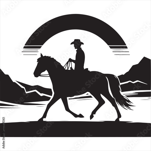 Night Rider's Elegance: Silhouetted Horse and Rider in Celestial Tranquility - Black vector horse riding Silhouette - Man riding horse stock vector
