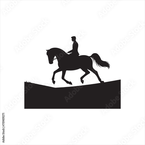 Equine Shadow Dance: Horse Riding Silhouette in Midnight Motion - Man riding horse stock vector - Black vector horse riding Silhouette
